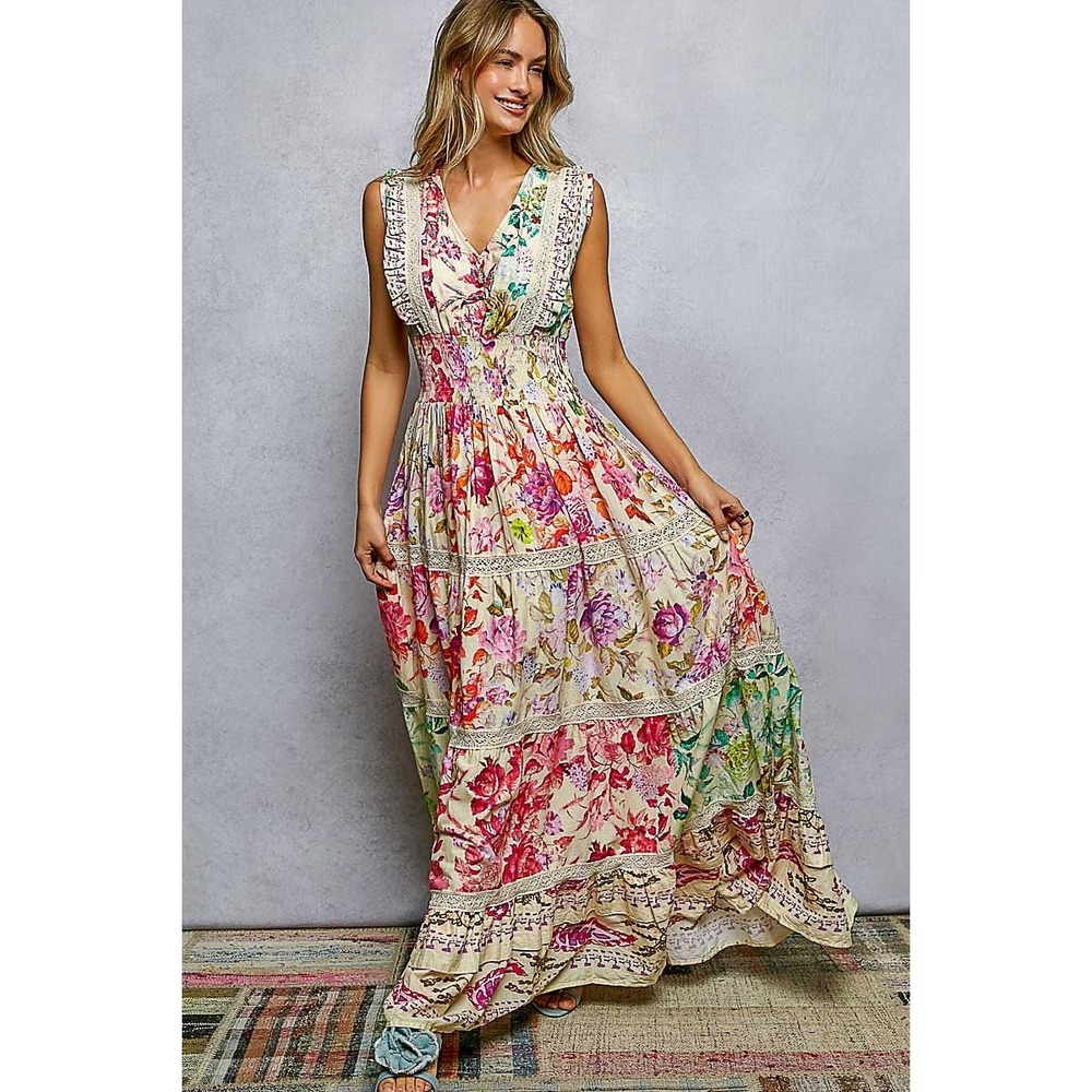 POL Floral Smocked Waist V-Neck Cotton Tiered Maxi Dress Boho Print MEDIUM